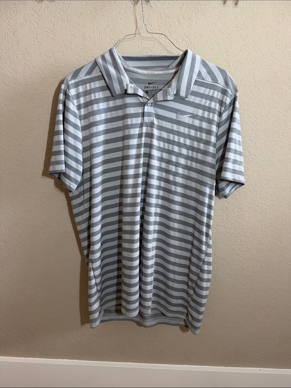 Nike Men’s Gray and White Striped Dri-FIT Polo